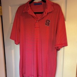 Southern Tide Mens Red Striped Polo Shirt with NC State Logo